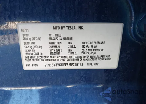 2021 Tesla Model Y Performance Dual Motor All-Wheel Drive from USA, damaged, VIN 5YJYGDEF8MF245168